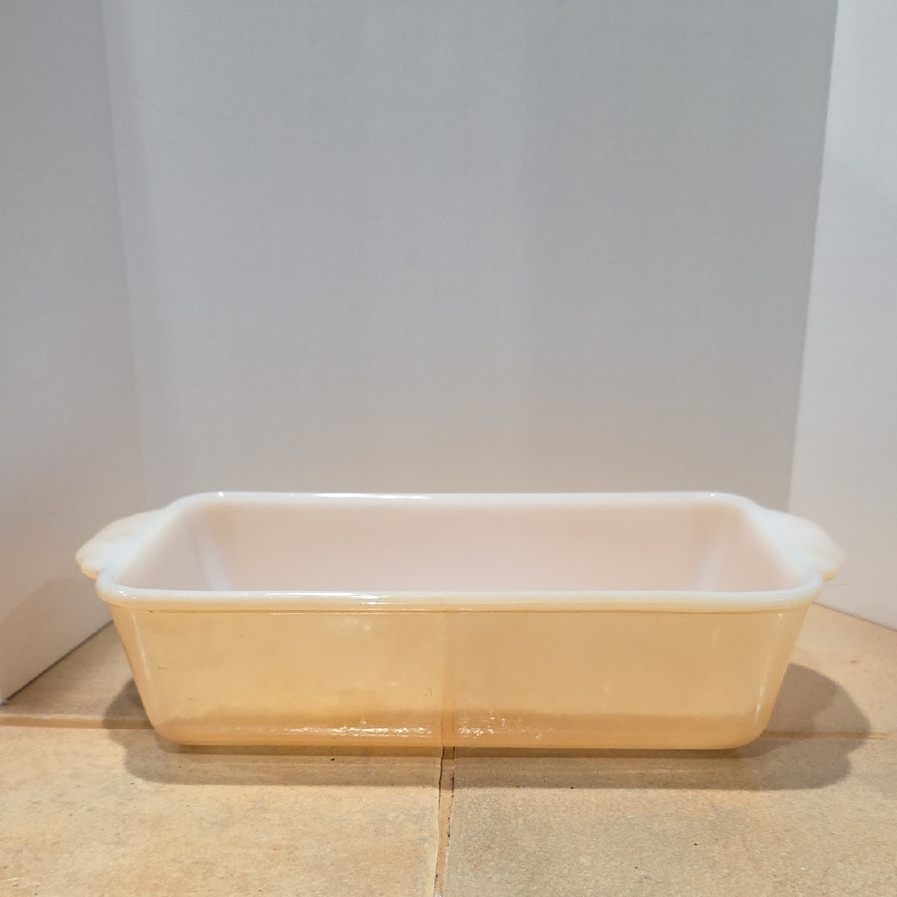 Fire King Peach Luster Cream and White Loaf Pan 1 Qt